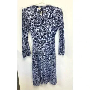 Vintage Parade New York Womens Medium Dress Navy Blue Splatter Spotted Tie Neck